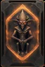 Placeholder: sacred geometry framed playing card, black and orange smoke goblin Leprechaun gremlin with shadows boss card in the style of Giger and fallout 4 ,,bokeh like f/0.8, tilt-shift lens 8k, high detail, smooth render, down-light, unreal engine