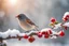 Placeholder: A beautiful colourful little bird catches a red berry with its beak while standing on a snowy branch in sunshine, ethereal, cinematic postprocessing, bokeh, dof