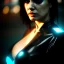 Placeholder: portrait,beautiful busty female Cyborg, intense stare, sad eyes, post-apocalyptic in a cyberpunk city,minimal skintight black latex dress, bladerunner, realistic, intriacte detail, sci-fi fantasy style, volumetric lighting, particles, highly detailed ,cinamatic , deep colours,8k, in the style of Kaare Andrews