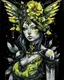 Placeholder: Beautiful water colour vantablack voidcore shamanism art style decadent gothic angel portrait adorned with black and yellow gradient rose headdress and metallic wooden filigree caved embossed floral headdress and diadem water colour art wearing wooden caved floral gothic decadent quilling palimpsest water colour art dress organic bio spinal ribbed detail of light green and black water colour liquid ink art extremely detailed hyperrealistic maximálist ink art