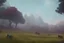 Placeholder: illustration fantasy horses of different colors in a field from afar