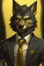 Placeholder: Buff, anthro, wolf, himbo, black fur, gold eyes, wearing a suit