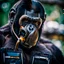 Placeholder: Ape, Primate, hominid, breathing device, respirator, Dystopian, Extreme depth of field, bokeh blur, Alberta, all-natural, in the style of candid, Fuji Film, Anamorphic lens