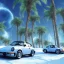 Placeholder: 1980's aesthetic vaporwave palm trees with spheres with porsche in the winter snow with lightning