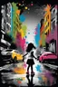 Placeholder: Mixed media picture, the background is black and white line art cityscape. In the middle a colorful photo of a little girl playing in the street, the girl is wearing colorful clothes, her hair is black. enhancing the contrast between her and the black and white cityscape, splash art