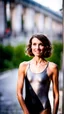 Placeholder: beautiful anorexic young woman, total shot, short shiny anthracite triathlon swimsuit, short brunette wavy bob hair, blurred city background