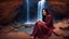 Placeholder: Hyper Realistic Photographic Outside View Of A Gorgeous Pashto Girl (Wearing Simple Light-Maroon Colored Dress & Wearing Plain Maroon Dupatta On Her Neck) Happily Sitting & Smiling Boldy In A Cave & Showing Her Long Black Hair & her Legs Are In The Lakewater With Waterfall View Outside, With Heavy Rain Outside Cave At Dark Night Showing Dramatic & Cinematic Ambiance.