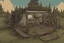 Placeholder: Lodge, administrative, overgrown, post-apocalyptic, comic book, camp site signs