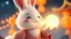 Placeholder: A lovely white rabbit wearing Hanfu, a fluffy white rabbit, holding a glowing ball, with a happy expression, set against a night sky background. The image style is simple and bright, with a straightforward color scheme, high-definition photography, 3D rendering, bright lighting, and warm tones. The style evokes thoughts of animated films, hyper-realistic portraits, and a sense of childhood innocence, resembling illustrations from children's books. The overall aesthetic is oshare kei.