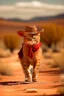 Placeholder: gato de colorado, caminando, vestido de cowboy, dentro de el lejano oeste. clima desértico, flora autóctona, estilo caricatura