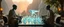 Placeholder: alien levitating yoga monk chess masters playing serious glowing chess on hex map in lounge on beautiful lush planet with huge transparent bird glass pieces in fountain