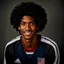 Placeholder: 85mm DSLR color photography of a very detailed headshot fitting all of head and hair in frame. 20-year-old USA soccer player, with black hair color and with small facial hair and has a brown skin tone and has a small afro with a small smile, grey background