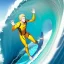 Placeholder: blonde hair anime boy surfing under a wave, make hands look realistic, standing up on a surfboard,wearing an orange wetsuit, make feet look realistic, balancing on a surfboard, waves crashing all around him, make face look realistic