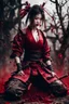 Placeholder: Tall girl samurai, siting pose, fullbody, splashes blood, behind guts rising from the ground, intricate, darkred tones, macro photography,