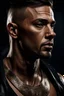 Placeholder: portrait of a 35 year old Handsome muscular male with light bronze skin adorned with tattoos. short hair. neatly trimmed beard. Dark fantasy. photorealistic