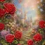 Placeholder: Beautiful alcohol ink, to make comical Vintage Valentines Day card in cream, red and sparkling hearts. Include words Valentine’s Greetings. include a young couple, cupids and glorious garden dreamlike scenery.