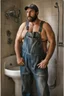 Placeholder: full figure photo, two burly big chubby sicilian plumber, dirty, ripped overalls, 33 years old, crossed arms, shaved, short beard, manly chest, very virile, hairy, manly arms, ugly, big thighs, under the shower, sunlight , photorealistic, 35mm lens, ultra detailed