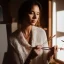 Placeholder: Close up of Beautiful female artist painting a self portrait in her attic studio, dramatic light, shadows