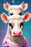 Placeholder: Portrait of A cute cow dressed in a onezy pajama outfit. The onezy has pink polka dots on and is thick and cozy. She has a flower in her hair. Anime