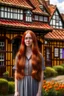 Placeholder: Full body and headshot of a slim young woman with long straight red hair, standing in front of a row of cottages and shops with thatched roofs