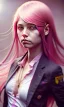 Placeholder: girl, cute, beautiful, pink hair, brown eyes, long hair, bangs, knife in hand, blood on face, by Greg Rutkowski, big boobs, blazer, yandere