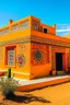 Placeholder: An orange colored desert palace with daisies painted by Keith Haring