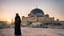 Placeholder: A Palestinian woman wearing an embroidered dress with the Dome of the Rock in front of her during sunset in winter.