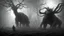 Placeholder: The described image presents an extremely horrifying scene with grayscale colors dominating the picture, creating a dark and eerie atmosphere. In this context, there is a massive, monstrous creature positioned prominently in the foreground of the image. This monster appears to be mythical and intensely frightening, characterized by its terrifying features and its colossal, imposing body that exudes immense power. When one looks at this monster, its face and eyes exhibit horrifying details, seem