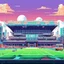 Placeholder: A bright pixel art cyberpunk-style illustration of the fulham stadium the cottagers west london