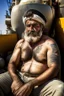 Placeholder: photography of An iranian offshore worker, shirtless, wearing bulging heavy-duty work pants and sturdy boots, sitting under the scorching sun on a merchant ship, man 66 years old, manly chest, muscular chubby , tattoo, curly beard, dirty, serious, long hair, ugly, big thighs, bullneck, big shoulders, photo realistic, photographic, super detailed, hyper realistic, UHD, frontal view , ambient occlusion