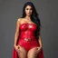 Placeholder: super pretty woman, black long haired, big bubs, good body, dressed with a mini red siut super hero,