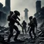 Placeholder: a bloody xenomorph [vintage style noisy scratches glitches, Shot the texture and then rewound the film and double exposed] In the midst of the destroyed city under the bombs, the two US Marine soldiers move with precision in tight formation across the ruins, while the alien xenomorphs lurk in the darkness. Their eyes scanning the shadows as they sought to avoid being surprised by the deadly foes that could strike at any moment.