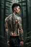 Placeholder: tattooed korean man, nice profile, attraktive handsome, medium long black hair, hot body, his body with geometric tattoos, deep dark colors, blur random forest background, highly detailed, modern vibe, photorealism