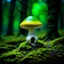 Placeholder: "Close up of a wonderful tiny Mushroom Tower home. green and yellow with bright white, deep black and contrasting tones of gray. Illuminated bioluminescent forest. Professional painter, master at composition. small but detailed. broken, blurred background, voluminous lighting"