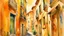 Placeholder: Watercolor painting of a narrow street in an old European city, with buildings on both sides, painted in a loose, expressive style with visible brushstrokes and a slightly blurred effect. The buildings are tall and close together, with a variety of architectural details such as windows, balconies, and awnings. The colors are warm and muted, with shades of orange, yellow, and brown dominating the scene. The street is wet, reflecting the light and colors of the buildings. Several scooters are park