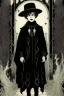 Placeholder: 7 year old boy, necromancer, friendly, looks dead, surrounded by weird smoke with eyes, wearing black robes, in the style of Harry Clarke