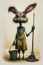 Placeholder: artist Jean-Baptiste Monge style. a unhappy, disgruntled biomorph tall lanky skinny fuzz-headed old dust bunny. skinny arms, legs and body. covered all over in bits of dust and dirt. blue eyes. A yellow dotted green raggedy apron. holding a mop and pail. standing in a cloud of dust. large bits of dirt flying around his head. In Style of Tim Burton