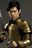 Placeholder: A handsome 30 year old man, black hair, male bob haircut, in black-and-gold plate armor, golden katana in both hands, no beard