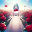 Placeholder: gorgeous anime girl wearing a yellow and white dress ,standing in a meadow of flowers, spreading rose pedals on the ground. beautiful eyes and a stunning smile, blue eyes, two blue eyes, perfect nose and rosy cheeks and red lips