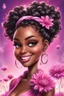 Placeholder: Create a airbrush cartoon art style image of a curvy black female looking down with a smile on her face. Prominent makeup with hazel eyes. Highly detailed messy curly bun with a hair scarf on her head with large pink knapweed flowers surrounding her. 2k