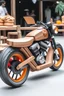 Placeholder: una V de madera sobre una moto veloz con comida a bordo