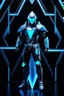 Placeholder: neon blue, floating triangle of light on the back, cyber armor, geometric patterns on armor, male, orbiting triangle