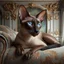 Placeholder: an Oriental shorthair chocolate point Siamese cat with blue eyes lies on an old couch with his head on the armrest staring into space. A beautiful baroque wall in the background, hyperrealistic, a product photo.