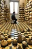 Placeholder: small man inside huge sea shells and on the floor is a huge chess board