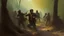 Placeholder: takistan life, action scene fighting mob oil painting. dr arab cover 1970, far perspective dnd style. sunglasses. woods mist.