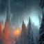 Placeholder: dynamic lighting, Intricately detailed, deep color, Unreal Engine, volumetric lighting, Hell landscape, Hell concept art, Hell fantasy artwork, Mountains, nightsky, winter trees, orange, red, nebulae,