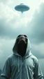Placeholder: The creature from the the movie Prometheus with white hooded clothes looking up at ufo in the sky front view
