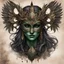 Placeholder: create a full color ink wash and watercolor illustration of a richly patinaed bronze female druid ceremonial mask representing Morrigan, utilizing historic Celtic decorative motifs, intricately detailed and sharply defined in the style of Arthur Rackham