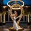 Placeholder: A magnificent golden and silver heart-shaped sign adorned with a stunning golden sphere encrusted with sparkling diamond clusters at its center, elegantly spinning in position,a girl statue standing pose