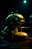 Placeholder: A alien cheeseburger creature eating itself, claymation, cinematic, moody lighting
